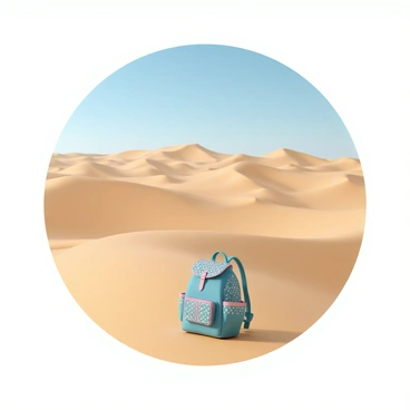 A "sac-à-dos" in the foreground, showcasing a vibrant color with intricate patterns. The backpack is resting on a gentle slope of soft, fine sand. Beyond the backpack, there are "endless sand dunes" undulating into the distance, their curves and ridges forming a wave-like pattern. The dunes are a rich golden hue, contrasting with the backpack. The sky above is a clear blue, providing a bright backdrop to the expansive desert landscape. 