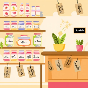 A gourmet food shop filled with wooden shelves lined with various jars of jams and sauces. Each jar has a colorful label, displaying enticing fruit illustrations and handwritten descriptions. Rustic price tags, made of brown kraft paper, dangle from each jar, showcasing their prices in elegant cursive writing. The shop has a warm, inviting atmosphere, with soft, ambient lighting illuminating the jars and creating a cozy environment. A wooden counter is visible in the background, adorned with fresh herbs and a small chalkboard menu featuring daily specials.