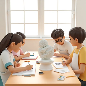 A group of students sitting at wooden tables in a bright classroom, each focusing on sketching a model of a placenta located at the center of the room. The students come from diverse backgrounds, with two girls, one with long brown hair and the other with short curly hair, both wearing aprons. A boy with glasses is carefully observing the model while holding a pencil and sketchbook. The model of the placenta is displayed on an elegant pedestal, featuring intricate details and textures. Sunlight streams through large windows, illuminating the scene and creating soft shadows on the tables filled with various art supplies like colored pencils and charcoals.