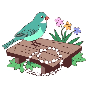 A teal sparrow is perched on the edge of a weathered wooden garden bench. The sparrow has soft feathers and a small, expressive face, with its beak slightly open as if chirping. Beside the sparrow, there is a delicate rosary made of smooth white beads, intricately arranged, lying across the bench. The bench is surrounded by vibrant green grass and a few colorful flowers in the background, adding a touch of life to the scene.