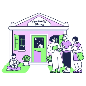A small community library with a welcoming facade is busy with activity. In front of the entrance, a group of three adults is gathered, engaging in animated conversation. One person, a woman with curly hair, is holding an open book and is animatedly sharing a story. The others, a man with glasses and another woman with straight hair, are listening intently, nodding and smiling. Nearby, a child sits cross-legged on the grass, engrossed in a picture book while looking up occasionally at the adults. The library's windows are framed with green shutters, and a small sign above the door reads "Community Library." Potted plants line the pathway leading to the entrance.