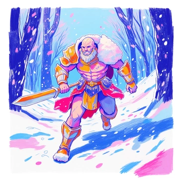 Kratos is depicted in a fierce stance, charging forward through a blizzard. He is wearing his iconic armor, showcasing intricate details and battle scars. Heavy snow swirls around him, creating a dynamic atmosphere. His muscular physique and determined expression are highlighted as he grips his weapon tightly. The ground is covered in a thick layer of snow, and flurries of snowflakes move through the air, adding to the sense of action. In the background, hints of shadowy silhouettes of ancient trees are barely visible through the thick snowfall.