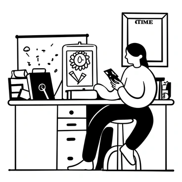An artist sitting at a modern desk, focused on a tablet displaying an intricate digital artwork. The artist's hand holds a stylus, carefully detailing the piece on the screen. Various sketchbooks and art supplies are scattered around the desk. In the background, an open "Time" magazine is visible, featuring a section on contemporary artists. Light from a nearby window illuminates the workspace, enhancing the creative atmosphere.