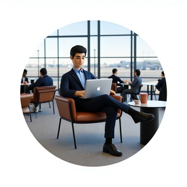 A business traveler with light skin and short, neatly styled dark hair, wearing a tailored navy suit and a light blue shirt, sits comfortably in a modern airport lounge. This individual is focused on their laptop, which displays a financial application for transferring money internationally. The traveler is seated in a sleek, leather chair with a small side table beside them, holding a cup of coffee. In the background, there are large windows showcasing airplanes on the tarmac and passengers moving around, while stylish decor and soft lighting create a professional yet relaxed atmosphere.