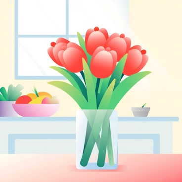 A vibrant bouquet of red tulips is arranged in a clear glass vase, sitting prominently on a bright kitchen table. The tulips have freshly opened petals, showcasing their rich red color and green stems. Sunlight streams through a nearby window, illuminating the scene and creating a cheerful atmosphere. The table is made of light-colored wood, and there are subtle patterns visible on its surface. In the background, soft kitchen elements can be seen, such as a fruit bowl with assorted fruits and a small potted herb.