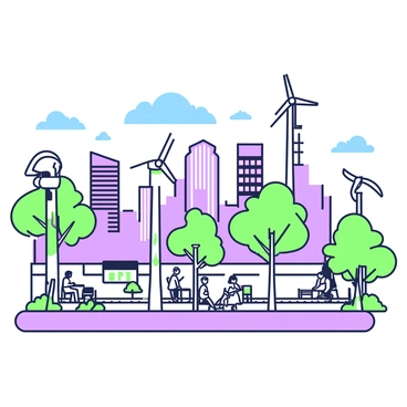 A bustling cityscape is depicted with tall buildings and busy streets. In the foreground, there are small wind turbines installed on rooftops and along sidewalks, catching the breeze. People are walking on the sidewalks, some stopping at outdoor cafes with tables and chairs. Vehicles are visible on the roads, while a blue sky with a few clouds looms above the city. Trees are scattered throughout the scene, providing some greenery among the urban environment. The wind turbines appear prominently, contributing to the modern feel of the city.