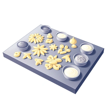 An assortment of pasta shapes laid out on a kitchen countertop. The display includes various types such as fusilli, penne, and farfalle, all arranged neatly to showcase their distinct forms. Several small bowls of different sauces, including a rich marinara and a creamy alfredo, are placed among the pasta, adding visual interest. The countertop surface has a textured design that complements the vibrant shapes of the pasta.