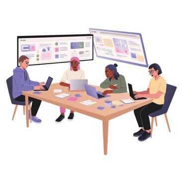 A digital flat illustration depicting a group of four designers gathered around a large table, each focused on their laptops. The first designer on the left has light skin and short curly hair, wearing a blue hoodie and black jeans. The second designer, a woman with medium skin and long straight hair, is wearing a white blouse and pink pants, leaning over her laptop. The third designer has dark skin and a beard, dressed in a green sweater, and is animatedly discussing ideas with the fourth designer. The fourth designer, a woman with light skin and short hair, is wearing a yellow t-shirt and glasses, taking notes on a notepad. The table is cluttered with colorful sticky notes, sketch papers, and coffee cups. A large screen mounted on the wall displays a vibrant Figma workspace filled with design elements.