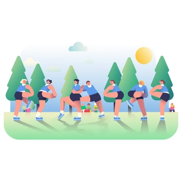 A group of six individuals is performing synchronized calisthenics routines on a grassy field. They are dressed in matching athletic outfits, each wearing a bright blue tank top and black shorts. The sun is shining down brightly, casting distinct shadows on the ground. In the background, there are several tall trees providing a border around the field, and a clear blue sky stretches above them. Each individual is in a different pose, showcasing various movements like jumping jacks and leg lifts, all in perfect harmony. A small crowd of spectators is gathered nearby, watching their performance with interest.