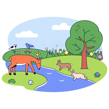 A variety of animals are depicted together in a harmonious scene. A deer grazes calmly on lush green grass while a rabbit hops nearby. Birds are perched on low branches of a large leafy tree. A gentle stream flows through the scene, reflecting the clear blue sky above. In the background, a vibrant meadow filled with wildflowers adds color to the environment. The air is clear, suggesting balanced CO2 levels, and the overall atmosphere is one of tranquility and coexistence.