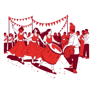 A red parade featuring dancers in vibrant costumes and musicians marching together. The dancers are twirling gracefully, their outfits displaying a mix of colors. Each musician plays a dholki drum, showcasing intricate patterns on the drum's surface. Colorful banners sway in the background, adding to the festive atmosphere. The ground is decorated with confetti, and the audience is clapping and cheering as the lively scene unfolds.