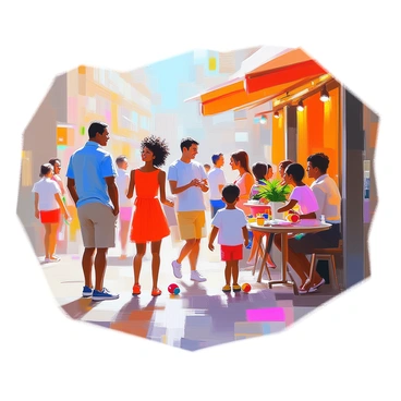 A vibrant street scene showcases a diverse group of people engaged in conversation and activities. In the foreground, a man with dark skin wearing a blue shirt is chatting with a woman of Asian descent in a red dress, both smiling. Nearby, a child with curly hair plays with a colorful toy. In the background, a group of friends from different cultural backgrounds is laughing together at a cafe, with tables adorned with plants. The street is bustling with pedestrians, and colorful storefronts line the sides, enhancing the lively atmosphere.
