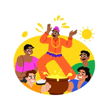 A young man wearing a vibrant traditional outfit is energetically breaking a "dahi handi" pot filled with curd. The pot is made from clay and is adorned with colorful decorations. Curd is splashing everywhere in a dynamic display, creating a sense of motion. Surrounding the young man are smiling faces of various people dressed in festive attire, filled with joy and excitement. The background features a sunny day, enhancing the cheerful atmosphere of the celebration.