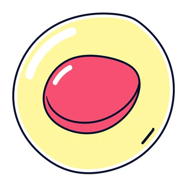 A close-up view of a single red blood cell with a biconcave shape, displaying its smooth, glossy surface. The cell is a rich shade of red, with nuanced highlights creating a sense of depth. It floats in a clear background of plasma, which has a light yellow tint, providing a contrast that highlights the blood cell's distinctive color and shape. The overall scene is simple and focused, emphasizing the red blood cell in its fluid environment.
