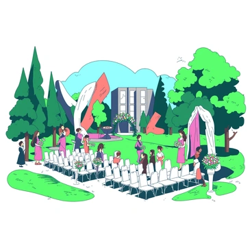 A vibrant urban park with lush green grass and trees surrounding a modern wedding ceremony. In the background, there are large, striking modern art sculptures in various shapes and sizes. The sculptures feature different textures and colors, creating a dynamic contrast against the natural greenery. The wedding setup includes elegant white chairs arranged in rows, adorned with delicate floral arrangements on each side. A beautifully decorated arch is positioned at the front, draped with fabric and florals. Guests are dressed in contemporary attire, with some holding bouquets of colorful flowers. The atmosphere is filled with joy and celebration, capturing the essence of a contemporary wedding in an artistic setting.