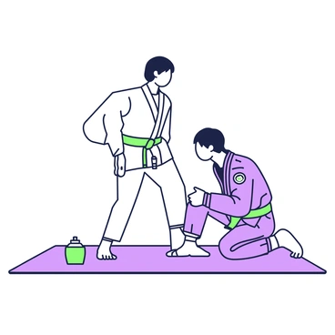 Two friends are practicing jiu-jitsu techniques together on a large mat. One friend is demonstrating a guard position, with their legs wrapped around the other's waist. The second friend is in a crouched position, attempting to counter the move. Both friends are wearing traditional jiu-jitsu gi uniforms, with one in a white gi and the other in a blue gi. They are focused intently on each other, showcasing their concentration and determination. The mat is rectangular and padded, and there are a few training equipment pieces, such as a water bottle and a towel, placed beside them.