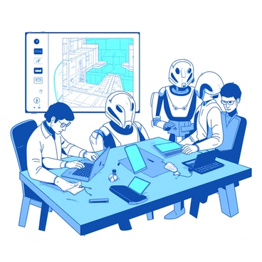 A group of engineers in a white robot lab are gathered around several metallic droids. The engineers are focused on their work, with tools and laptops spread across a sleek blue table. One engineer is actively typing on a laptop while another is connecting a cable to a droid. The droids are various shapes and sizes, featuring intricate designs and glowing panels indicating their status. In the background, a large screen displays a blueprint of the lab, highlighting the main exit that the droids are being reprogrammed to unlock. The overall atmosphere reflects a sense of urgency and collaboration as they work on this critical task.
