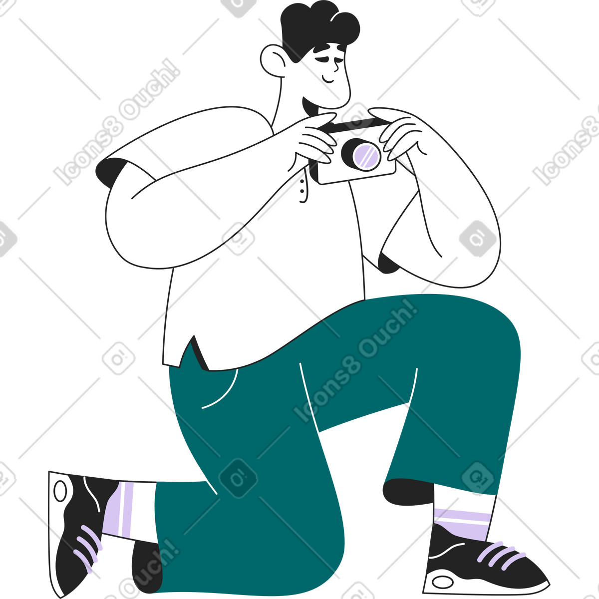 Ilustración El hombre se arrodilló sobre una rodilla con cámara en estilo Sammy Line a descargar en PNG y SVG