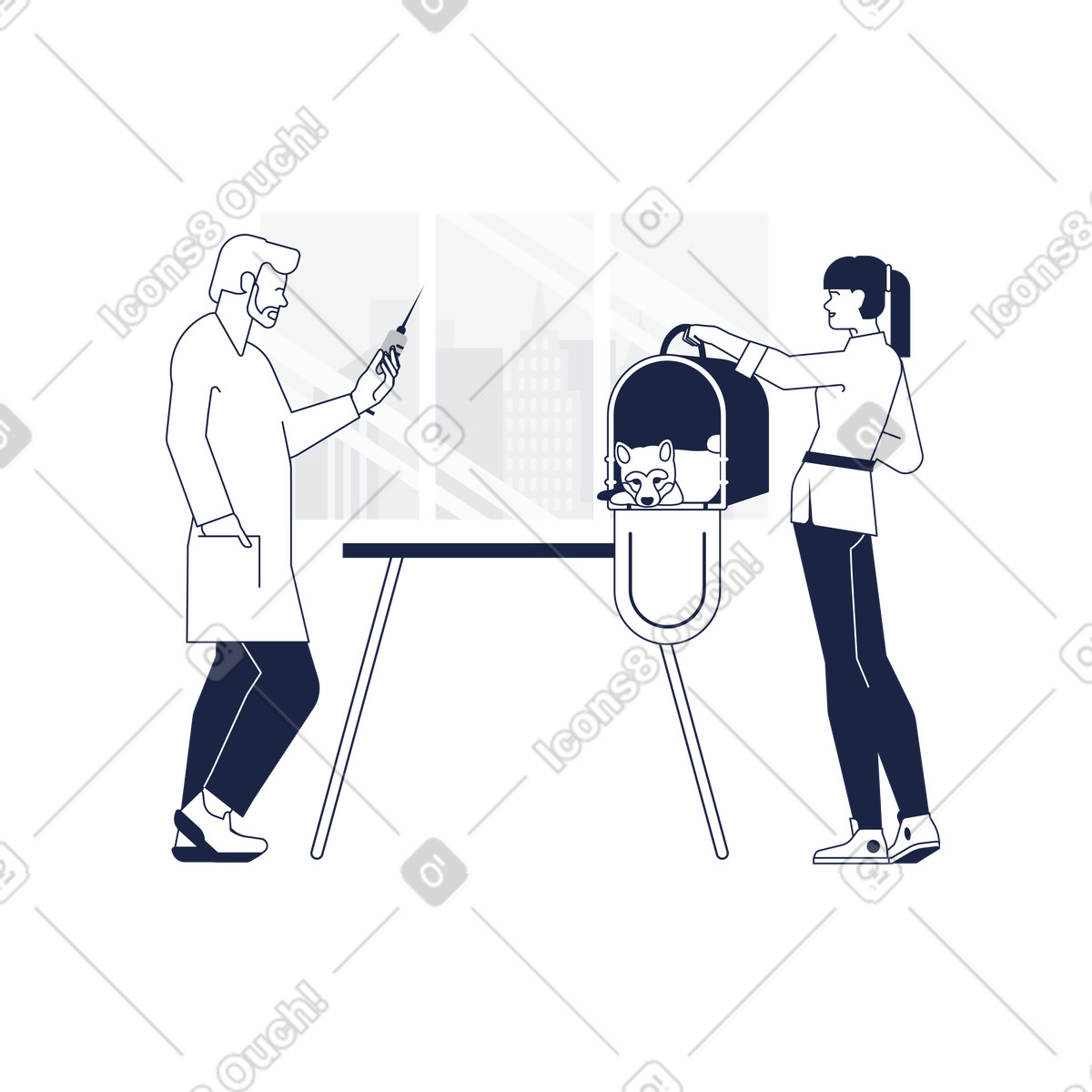 Veterinarian giving injection to dog, Animal healthcare and wellness illustration in Urban Line style download in PNG, SVG