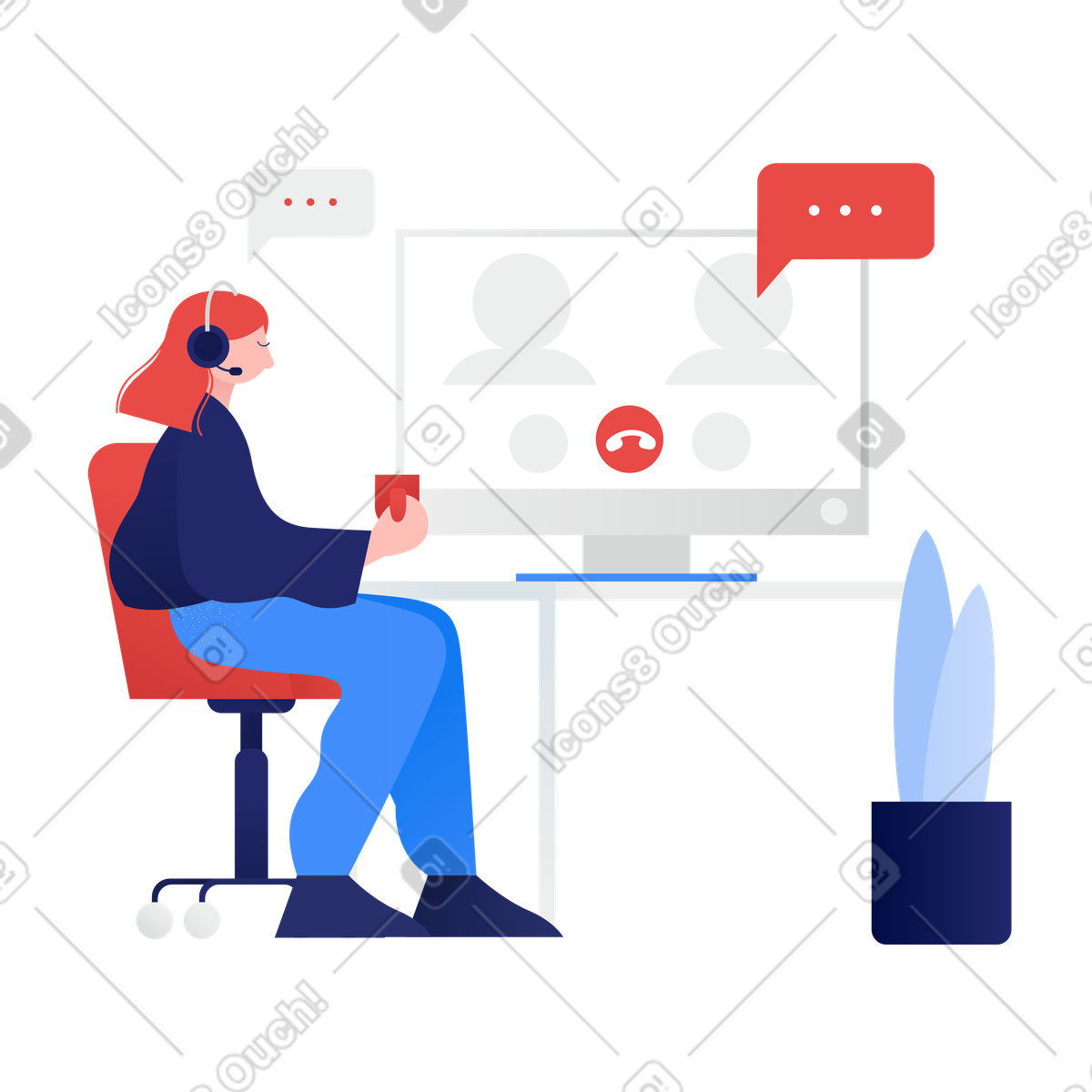 Ilustración Freelancer on video call, Remote collaboration and conferencing en estilo Clip a descargar en PNG y SVG