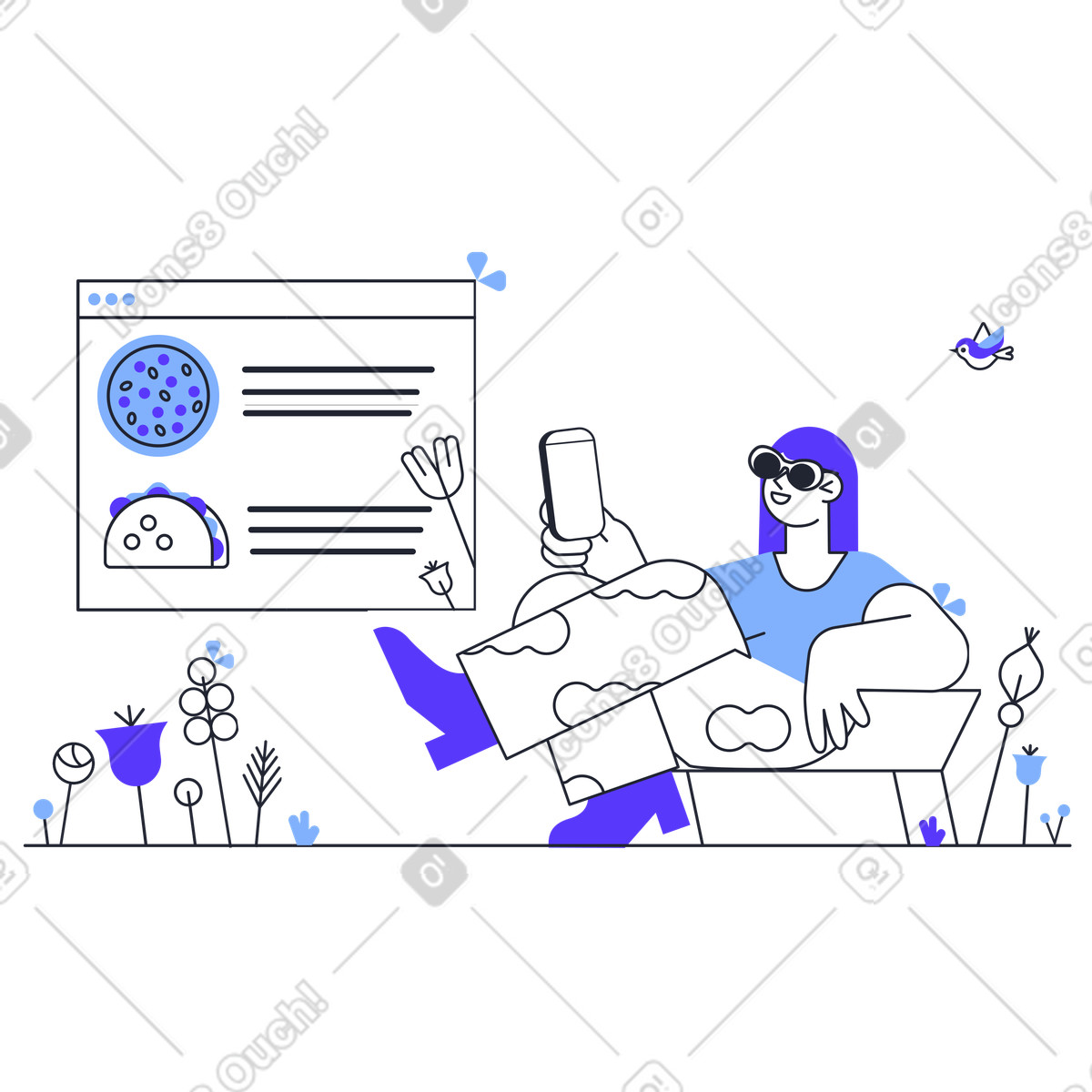 Illustration Selecting food online, Mobile ordering and E-commerce dans le style Pablita à télécharger aux formats PNG, SVG