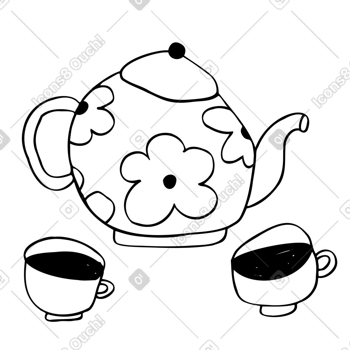 Ilustración Tetera con estampado de flores y tazas. en estilo Marks a descargar en PNG SVG