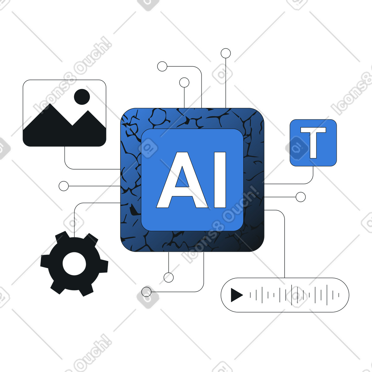 AI processor with multimedia icons, Next-gen content processing, Creative media workflow illustration in Midnight style download in PNG, SVG