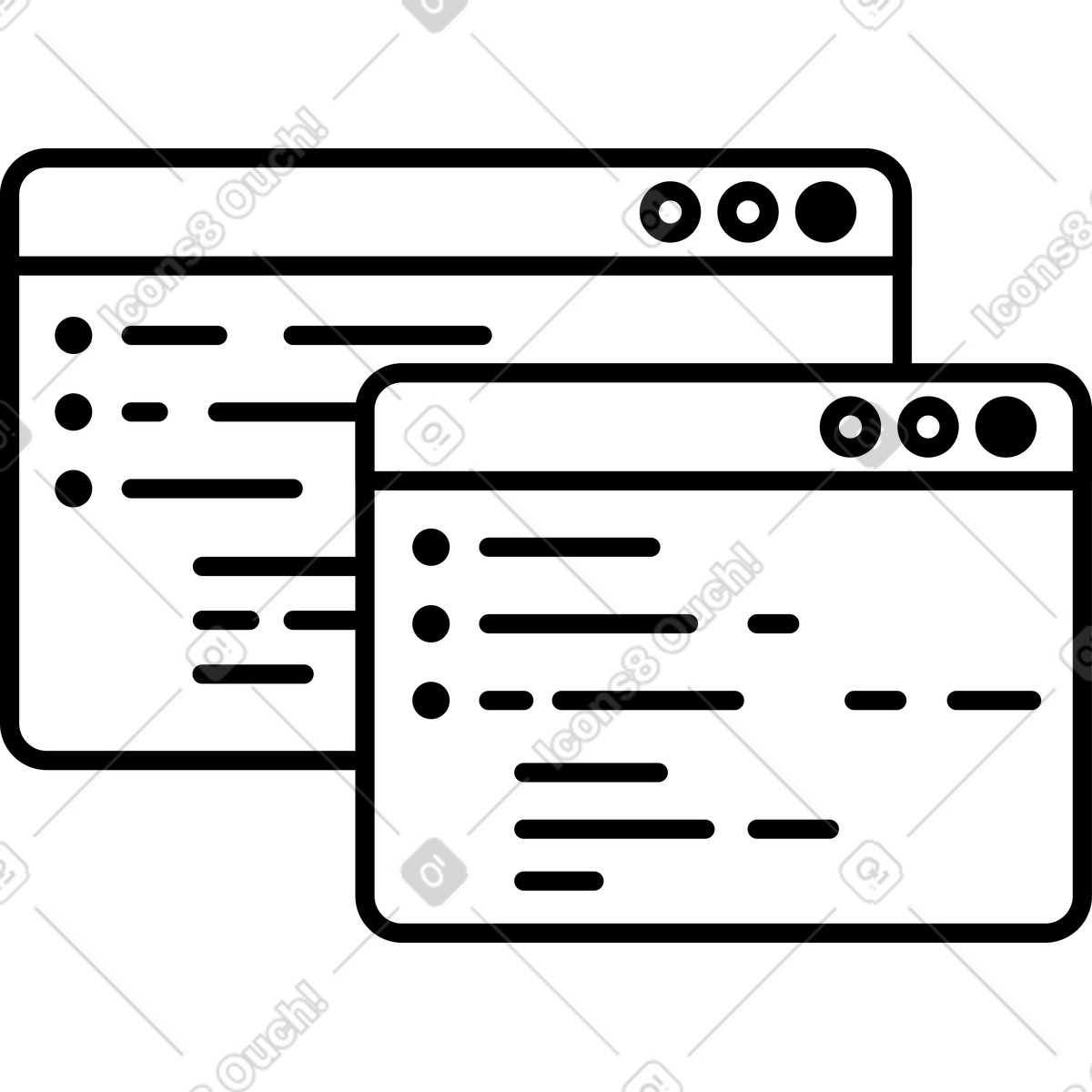 Illustration Browser window interface with overlapping tabs and content layout lines dans le style Notion Line Art à télécharger aux formats PNG, SVG