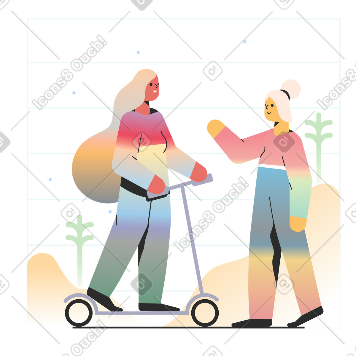 下载 Marginalia 风格的 朋友骑着滑板车散步 插画，支持 PNG、SVG 格式