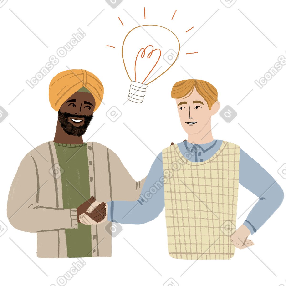 Two men shaking hands with an idea sign above them illustration in Lumiere style download in PNG, SVG