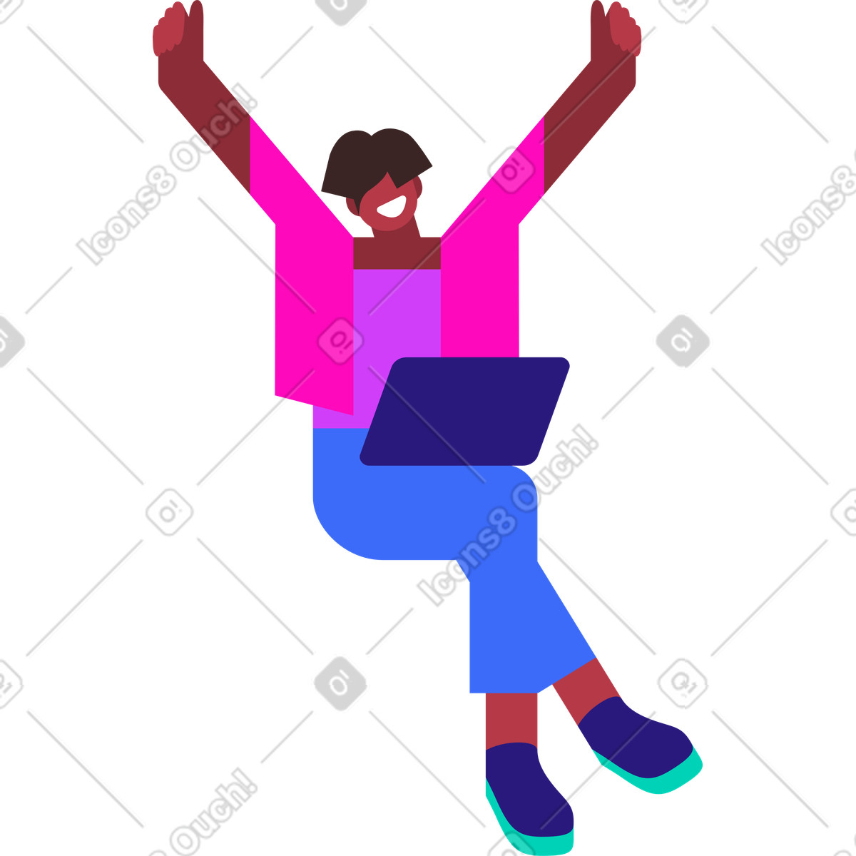 Happy woman celebrating success with hands up illustration in Basic style download in PNG, SVG