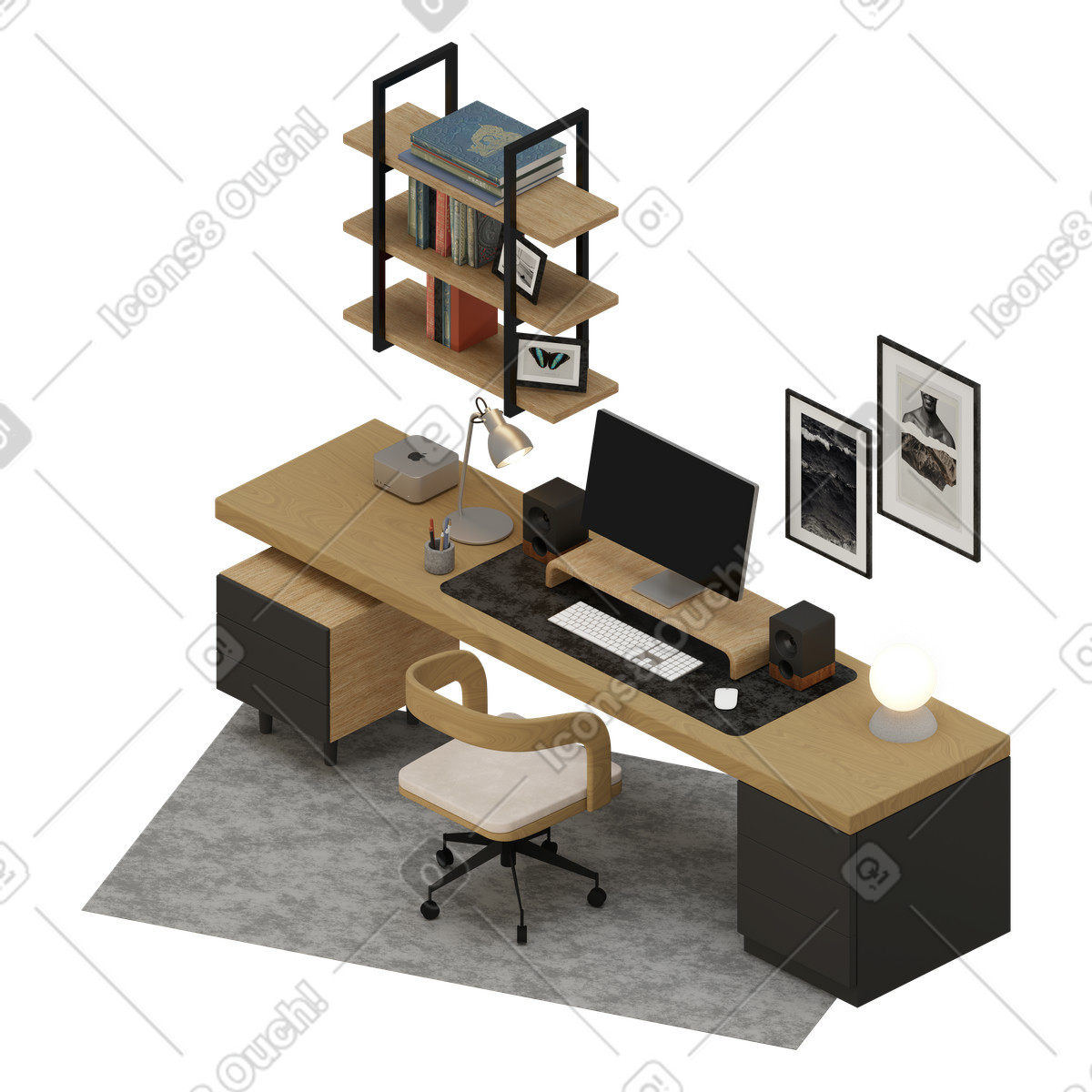 Иллюстрация Isometric desktop with chair and monitor в стиле 3D Rooms — скачать в форматах PNG, SVG