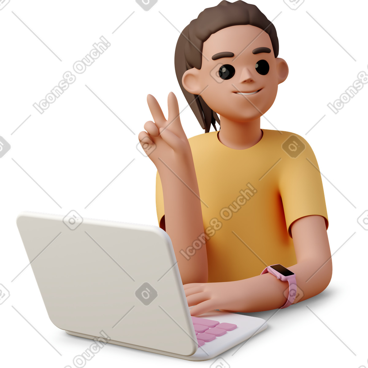 Illustration Young woman working on laptop and showing v sign dans le style 3D Casual life à télécharger aux formats PNG, SVG