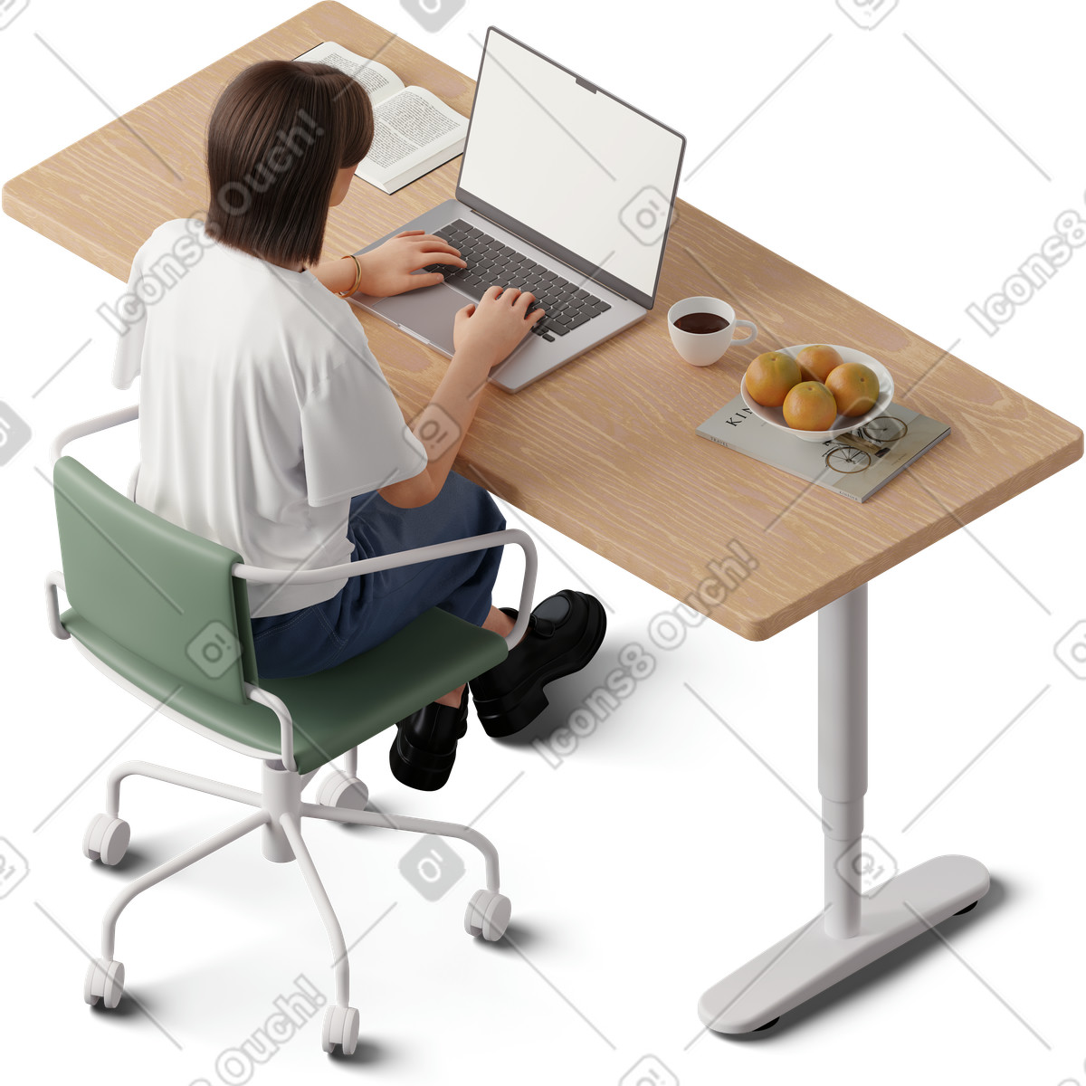 Vista isometrica della giovane donna che lavora al computer portatile illustrazione in stile 3D Hygge scarica in PNG, SVG