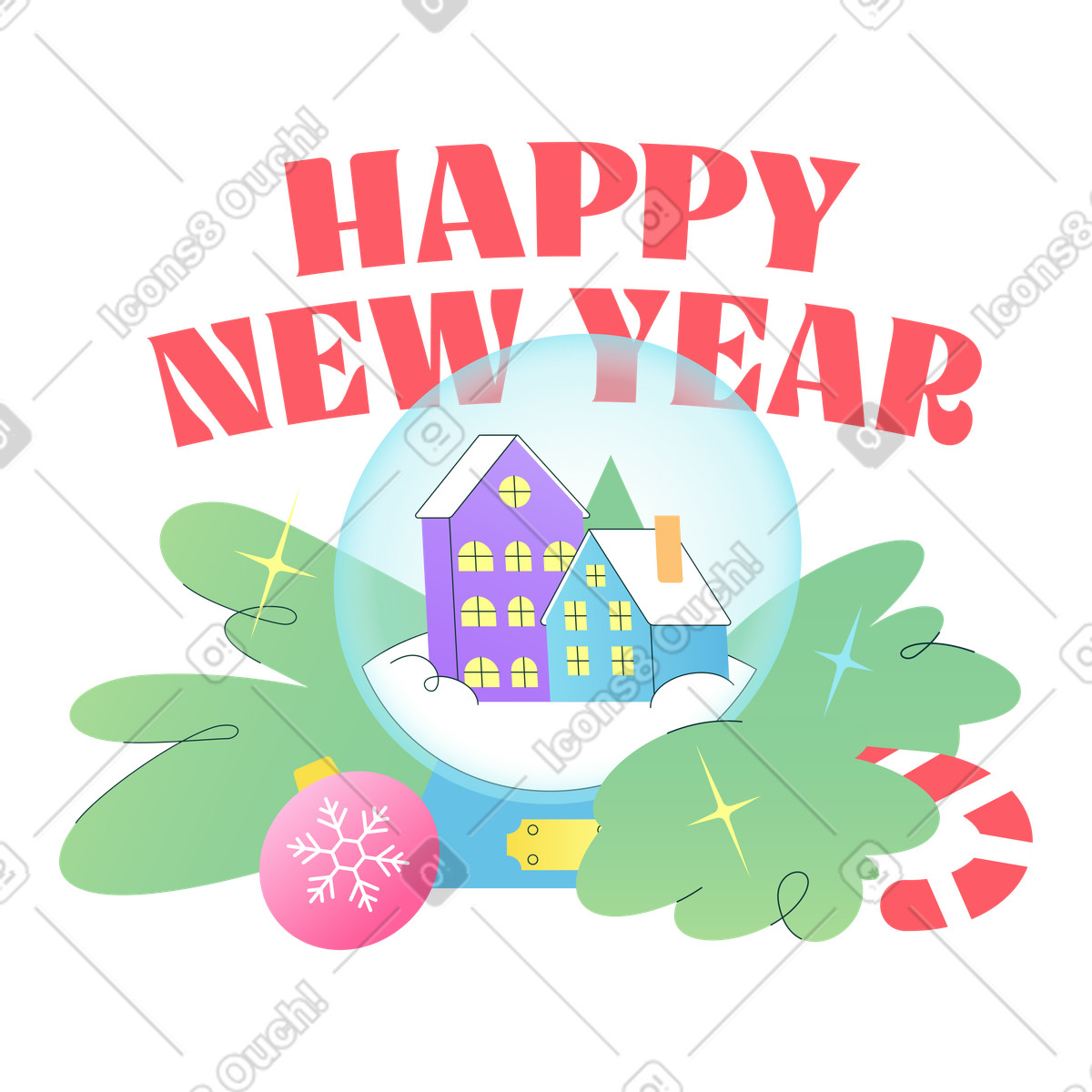 Florid 스타일의 Happy New Year text with snow globe, pine branch and ornament, Seasonal holiday decorations 일러스트레이션 PNG, SVG 다운로드