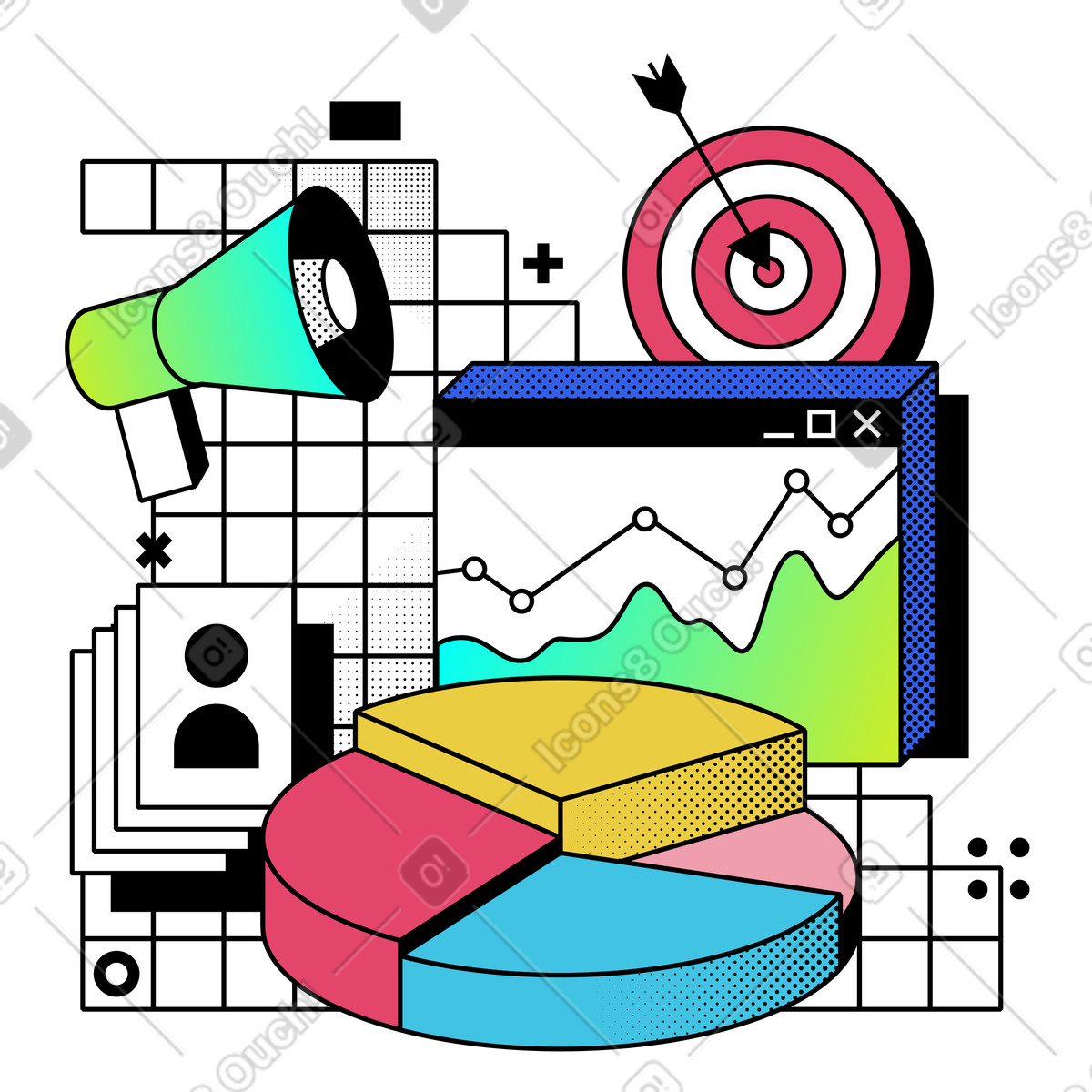 Memphis 스타일의 Market segmentation and targeted advertising 애니메이션 일러스트레이션 GIF, Lottie(JSON), AE로 다운로드