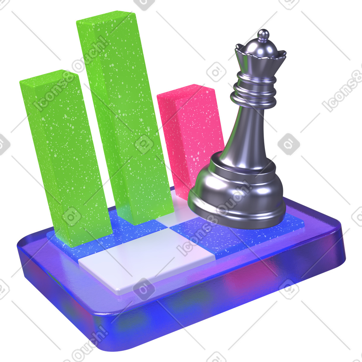 下载 3D Boost 风格的 条形图和国际象棋棋盘上的皇后，数据分析策略 插画，支持 PNG、SVG 格式