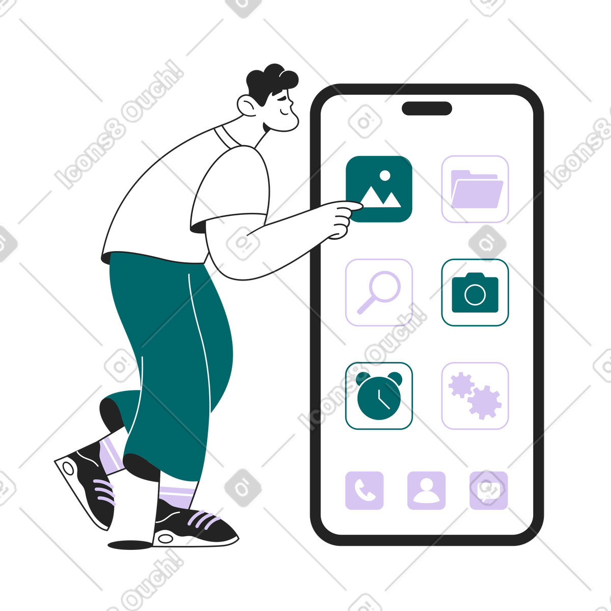 User selecting photo app on large mobile device, digital interface and smartphone usability illustration in PNG, SVG