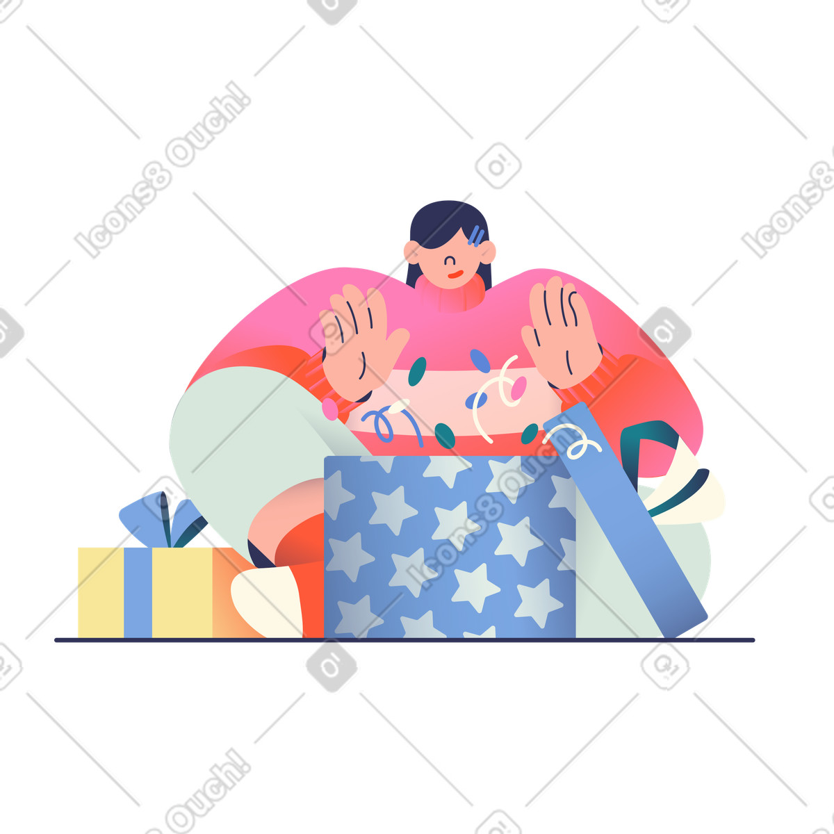 Ilustração de Mulher abrindo caixas presente em no estilo Beam para baixar em PNG, SVG