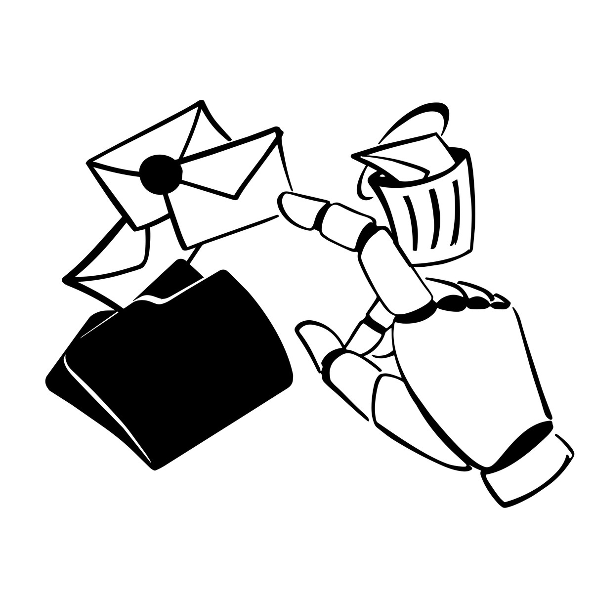 下载 风格的 Mechanical robotic hand managing file cleanup with folder and trashcan 插画，支持 PNG、SVG 格式