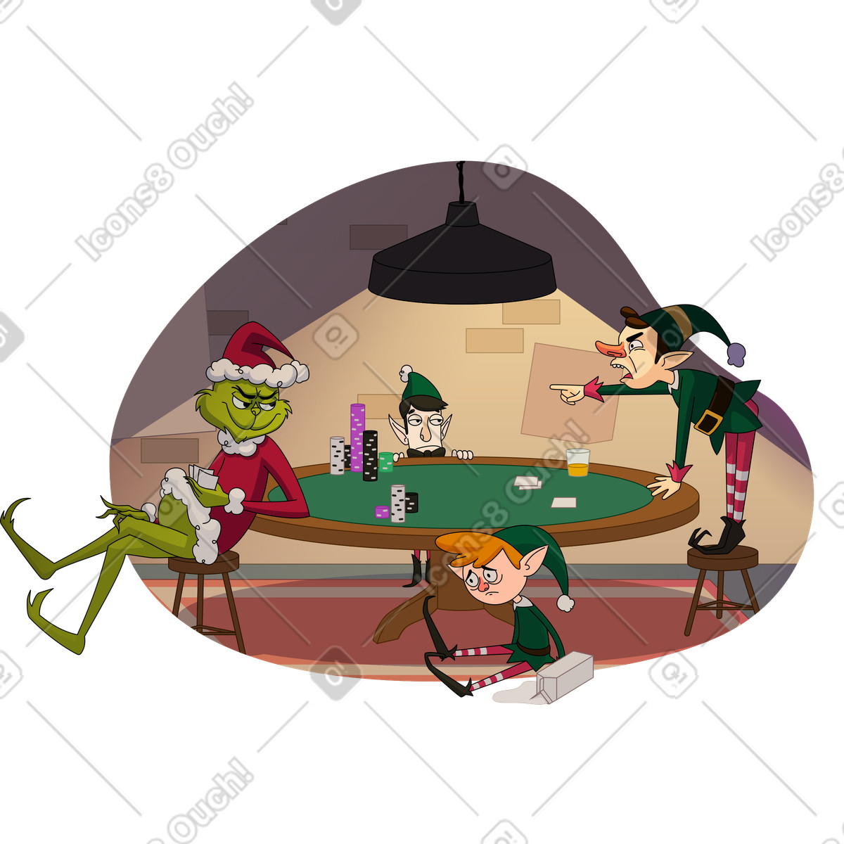 Ilustración Grinch jugando al poker con elfos en estilo Santa Camp a descargar en PNG y SVG