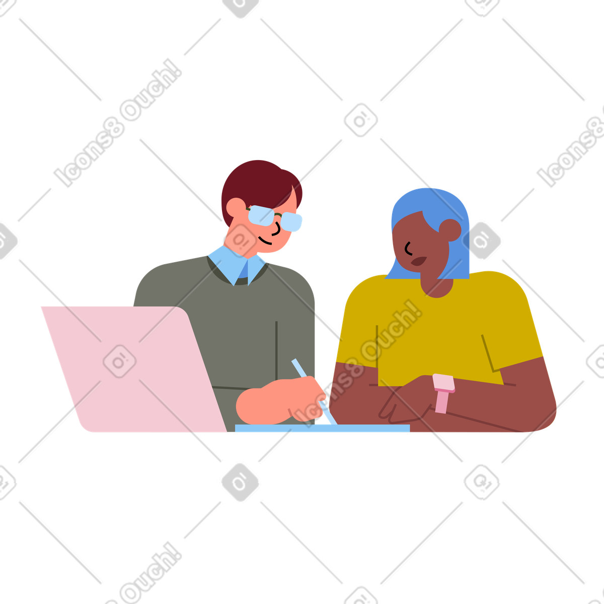 Illustration of a student receiving guidance from a teacher, featuring education clipart in SVG and PNG