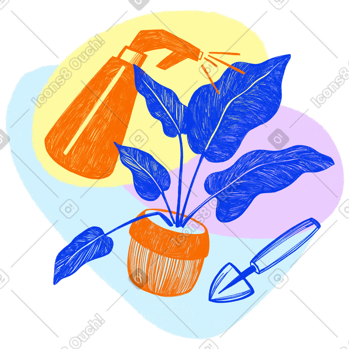 Ilustración Planta de interior, pulverizador agua y pala en estilo Biro a descargar en PNG SVG