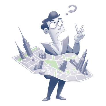 A cartoon character with exaggerated features stands with a furrowed brow, holding a map that displays landmarks incorrectly positioned. The character's wide eyes and tilted head convey a sense of confusion. Surrounding the character are various recognizable landmarks, such as a tower, a bridge, and a park, all placed in unexpected locations on the map. The character wears a distinctive outfit, adding personality to the scene, while one hand points to a particularly misplaced landmark. The overall composition captures the character's bewilderment and the chaotic arrangement of the map.