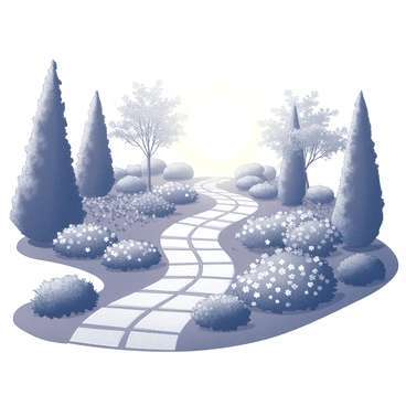A garden scene with a winding path made of stone tiles. The path is bordered by lush greenery, including various shrubs and flowering plants. At the far end of the path, there is a soft, glowing light that appears to emanate from a distant source, illuminating the surrounding foliage. The garden is arranged with different types of trees providing height and structure, while the flowers add texture and detail throughout the scene.