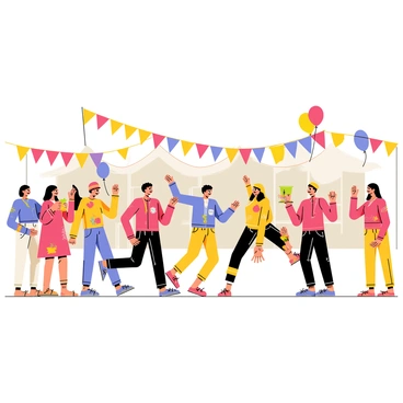 A vibrant cultural festival taking place in an open area filled with colorful banners and decorations. Groups of people are dressed in various traditional clothing, showcasing a mix of patterns and colors, such as bright reds, blues, and yellows. Some individuals are engaged in energetic dancing, with their arms raised and feet moving rhythmically. In the background, there are stalls selling local crafts and foods, adding to the festive atmosphere. Balloons and streamers float above the crowd, contributing to the celebratory mood.