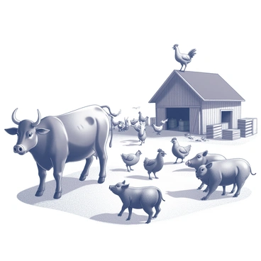 A chaotic farmyard filled with various animals. In the foreground, a determined cow with a fierce expression stands defiantly, its hooves planted firmly on the ground. A group of pigs, with mud smeared on their backs, are rallying together with grunting sounds, showing their intent to take charge. Nearby, a flock of chickens flutters around, clucking loudly, as they scatter feathers in the air. The background features a rustic barn, slightly ajar, with hay bales strewn about, indicating recent commotion. A goat, standing atop a small wooden crate, bleats assertively, while a horse can be seen in the pen, tossing its mane and looking ready to join the fray. The scene conveys a sense of uprising and determination among the animals.