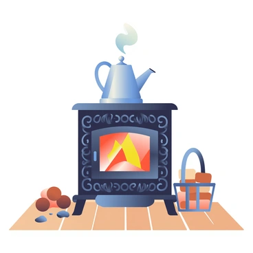 A small wood-burning stove made of cast iron is placed on a wooden floor. The stove is black with intricate designs, and a kettle is sitting on top, producing steam. The kettle is shiny silver with a curved handle, and it's emitting a small plume of steam. Surrounding the stove are logs stacked neatly in a basket, and a few ashes scattered on the floor. A cozy ambiance is created by the warm glow of the fire visible through the glass door of the stove.
