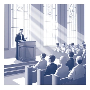 A pastor stands at a wooden pulpit, passionately delivering a sermon. The pastor is dressed in formal attire, with a black suit and a white clerical collar. In front of the pulpit, a diverse congregation is seated in wooden pews, attentively listening. Sunlight streams through tall stained glass windows, casting intricate patterns of light onto the church floor. The interior of the church features high ceilings and decorative wooden beams, enhancing the atmosphere of reverence. The congregation is composed of men and women of various ages, some with heads bowed in prayer, while others are looking up towards the pastor with expressions of focus and engagement.