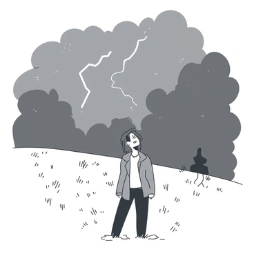 A person is standing outside on a grassy field, gazing up at the sky. The sky is filled with dark gray clouds, and a bright bolt of lightning is striking in the distance. The person's hair is being blown slightly by the wind, and they are wearing a light jacket. Their expression shows a mix of awe and curiosity as they observe the dramatic weather. The ground around them is wet, suggesting a recent rain.